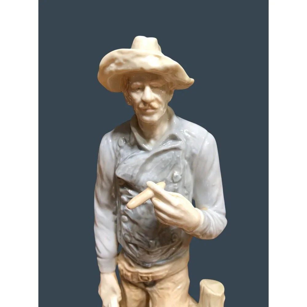 Porcelain Figurine Cowboy Sculpture Hat Cigar Rope Japan Western Rodeo Blue